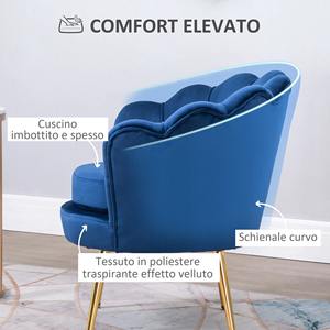 HOMCOM Sillón de Terciopelo Azul de Diseño Vintage, Silla de Dormitorio con Respaldo Alto 76x67x73cm, Azul - Product Image 2