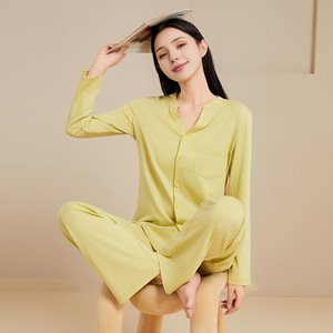 Conjunto de Pijama de Algodón Transpirable para Mujer, Novedad de Primavera, Manga Larga, Color Liso, Ropa de Dormir Suave y a la Moda para el Hogar - Product Image 3