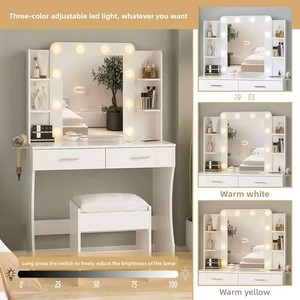 Tocador Moderno <span class=keywords><strong>de</strong></span> Madera <span class=keywords><strong>con</strong></span> Almacenamiento, <span class=keywords><strong>Espejo</strong></span> Desmontable e Iluminación - Escritorio <span class=keywords><strong>de</strong></span> Maquillaje para Dormitorio Pequeño <span class=keywords><strong>con</strong></span> Bombillas - Product Image 3