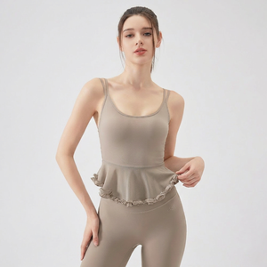 Women U Neck Mesh Ruffle Peplum Sports Tank <b>Top</b> Built In Padded Slim Waist <b>Flowy</b> Yoga Crop <b>Top</b> Sleeveless Pilates Fitness Vest - Product Image 2
