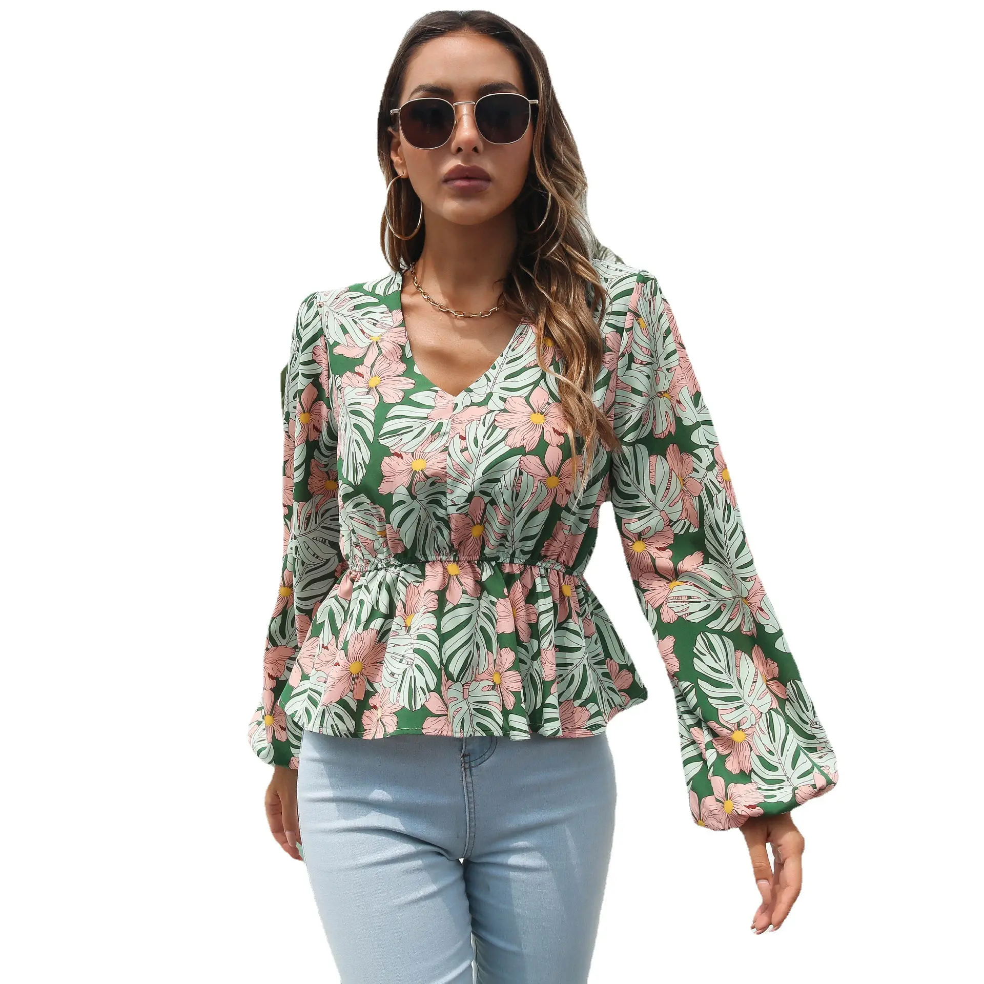V-neck Closed Waist Plaid Floral Print Lantern Sleeve Top Small Shirt Spring And Autumn New Sexy Women's Blouses & Shirts