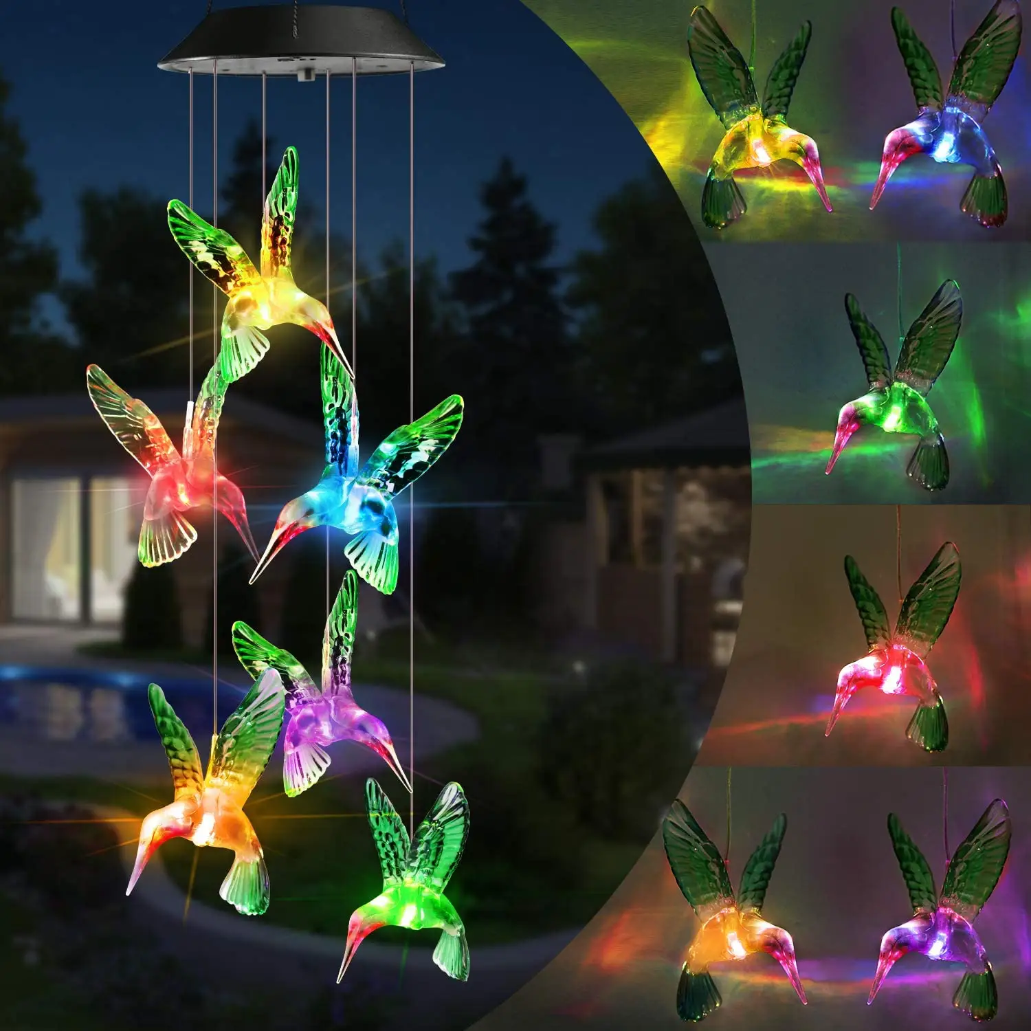 IP65 Waterproof Outdoor GardenソーラーString Lights、Color Changing Solar Hummingbird Wind Chimesランプ