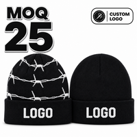 Gorro de punto elástico con puño, diseño jacquard de alambre de púas personalizado, logo en relieve, estilo urbano, para invierno, exterior, hip-hop