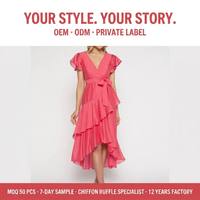 Fabricants de vêtements, services OEM/ODM, services personnalisés, robe décontractée à col en V, manches courtes, taille nouée, volants, style enveloppant