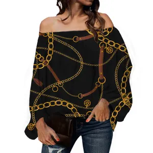 European and American Style Lady's Shirt Fashion Blouse Puff Sleeves Blouse Tops Gold Chains Belt Printed Blouses Elegant Women