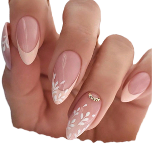 24 <span class=keywords><strong>Uñas</strong></span> Postizas de Cobertura Completa <span class=keywords><strong>con</strong></span> Forma de Almendra, Pintadas a Mano, <span class=keywords><strong>con</strong></span> Borde Francés Especial y Detalles Brillantes para los Dedos - Product Image 4