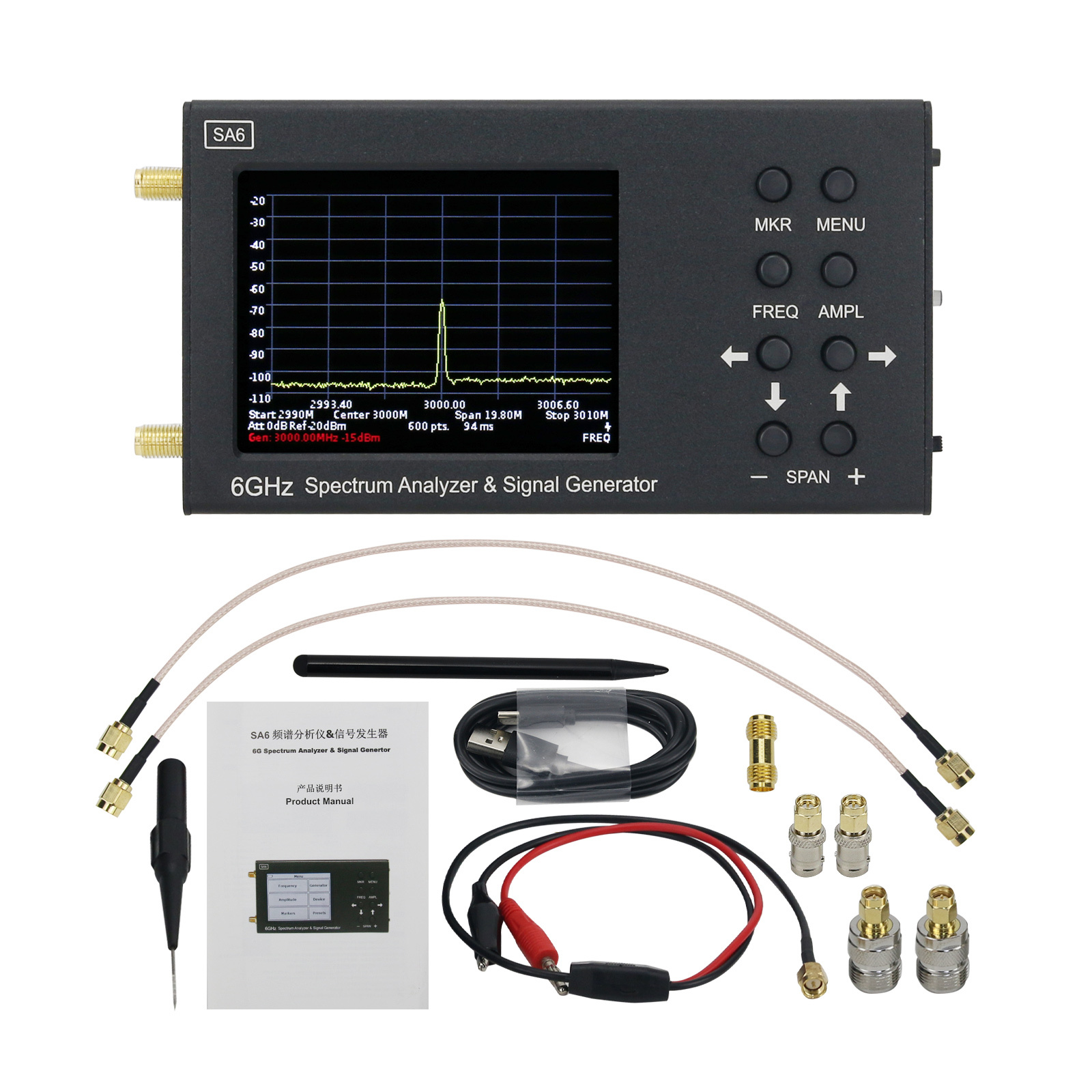 SA6 6GHz Handheld Portable Spectrum Analyzer Signal Generator WiFi 2G 4G LTE CDMA GSM GPRS BDS With N/SMA-KJ