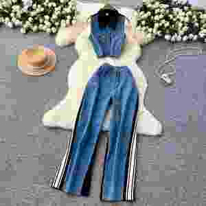 Ensembles vintage pour femmes : Crop top sans manches et pantalon en jean patchwork taille haute – Vente en gros - Product Image 2