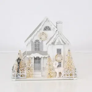 Gold Glitter Reindeer Miniature Christmas Village Decoration LED Lights Mini Christmas House Village