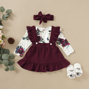 Conjunto de Ropa para Bebé Niña de 2 Piezas: Camisa Cómoda de Algodón con Estampado Floral de Manga Larga y Vestido con Tirantes Color Borgoña - Precio al por Mayor - Product Image 1