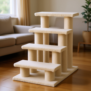 Escalier pour animaux de compagnie à 4 marches, beige, moquetté, en panneaux de particules durables, rampe pour chat, griffoir, accessoire pour animaux de compagnie - Product Image 2