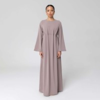 Robe Abaya musulmane Aschulman en gros, couleur unie, plissée, col rond, maxi, pour femmes, robe musulmane une pièce