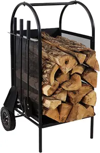 Log Holder Rack Firewood Storage Wrought Iron Fireplace Log Holder And 3-Piece Tool Set