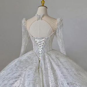 NDB10901 Robe <span class=keywords><strong>de</strong></span> <span class=keywords><strong>mariée</strong></span> principale à manches longues, nouveau style, avec <span class=keywords><strong>grande</strong></span> traîne, col en V français, richement ornée à <span class=keywords><strong>la</strong></span> main, motif ciel étoilé - Product Image 3