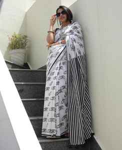 Chanderi Coton Saree Impression Numérique Patta Beau Designer Doux Lin Saree Impression Numérique Saree - Product Image 1