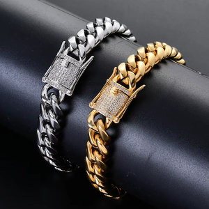 10Mm Men's Stainless Steel Round Grinding Cuban Necklace, <b>Copper</b> Micro-inlaid Button Head Cuban Bracelet Tanjing Fashion - Product Image 2