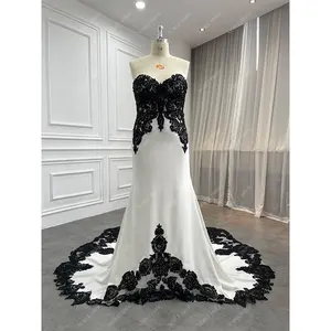 Fabricant de robes de mariée nouvelle tendance noir perles dentelle appliques robe personnalisé chérie Sexy haute qualité crêpe sirène robes de mariée