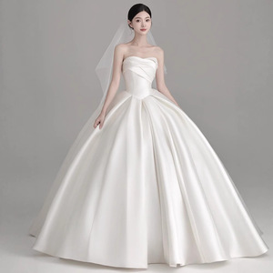 Strapless Satin Wedding Dress Princess Waistline White Floor Length Simple Elegant For Petite Brides - Product Image 1