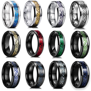 Mens Jewelry Wholesale 8mm Wedding Band Tungsten Carbide Silver Meteorite <strong>Sticker</strong> Inlay Blue <strong>Celtic</strong> Dragon Inlay Beveled Edge - Product Image 6