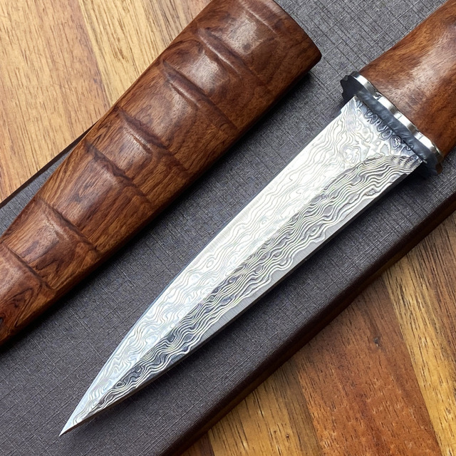 Customized OEM Wood Handle Damascus Steel Straight Clip Point Tactical Fixed Blade Camping Bowie Knife