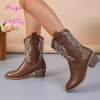 Vintage Western Cowboy bottes chevalier bottes moyen Tube daim cuir broderie bout pointu talon épais mi-mollet bottes pour femmes