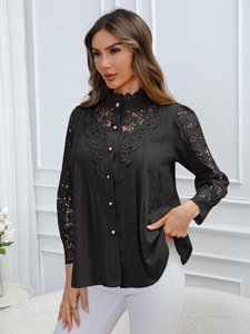 2026 Spring/Summer Autumn Casual O-Neck Long Sleeve Knitted Shirt for Women with Embroidered Lace Decoration - Product Image 5