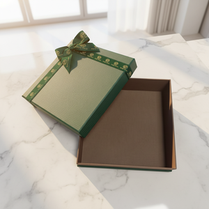 Green Rigid <b>Square</b> Gift Box With Gold Foil Logo And Ribbon For Craft Use - Product Image 1