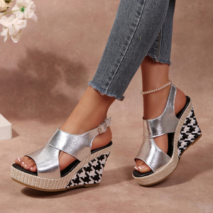 Sandales compensées pour femmes, personnalisables OEM/ODM, direct usine, couleur or métallisé unie, style espadrille, plateforme, bout ouvert, talon slingback - Product Image 5