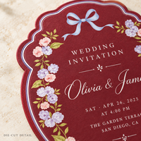 Cartes d'invitation de mariage découpées avec bords incurvés, invitations de mariage imprimées avec des motifs floraux et des nœuds en aquarelle, cartes de mariage pour événements de mariage