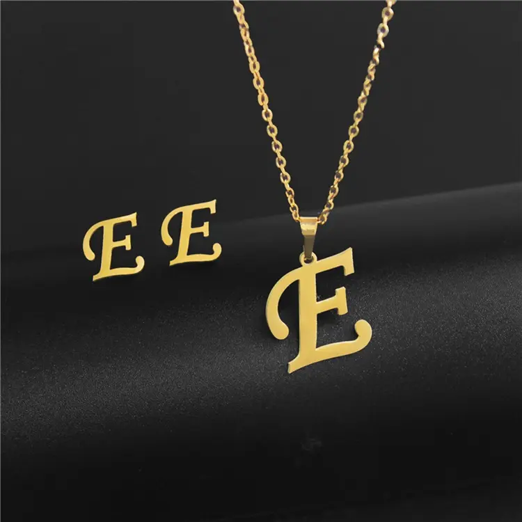 Popular 26 Alphabet Necklace Trendy Stainless Steel Necklace Earring Set Color Preserving Female Clavicle Chain