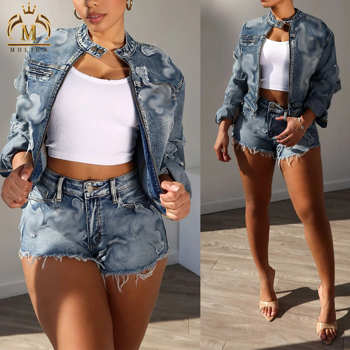 Nieuwkomers Dames Denim Sets Geborduurde Crop Jasje Denim Rok Bijpassende Sets Dames Denim Tweedelige Jas Rok Sets Dames