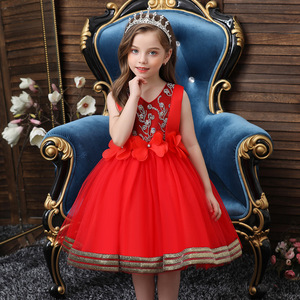 Robe de princesse brodée sans manches à col en V pour filles, Costume de spectacle rouge, robe pour enfants, automne 2020 - Product Image 2