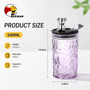 Gelas Sedotan Kaca Beeman 330ml Tumbler Bertekstur, Wadah Minuman <span class=keywords><strong>Reusable</strong></span> Bebas Timbal, Tutup Beruang, Perlengkapan Minuman Dapur, Supplier Grosir OEM - Product Image 3