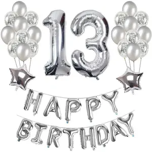 생일 축하 배너 색종이 라텍스 풍선 13 번째 생일 장식 실버 소녀 소년 생일 파티 용품 39 조각