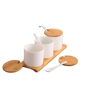 White 3 Porcelain Jars Spice Condiment Jar Spice Container Set with Wooden Lid Spoon and Tray classical Design