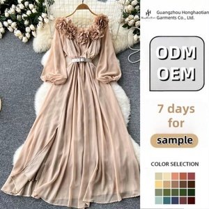 Abito a <span class=keywords><strong>balze</strong></span> personalizzato <span class=keywords><strong>con</strong></span> maniche a lanterna abito a pieghe dimagrante in vita da donna autunnale - Product Image 2