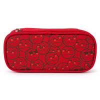 Étui rigide pour crayons en tissu Oxford rouge avec poche en maille à imprimé smiley et boucles élastiques pour stylos