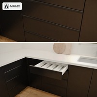 Meuble de cuisine laqué noir, aménagement contemporain en U, rangement par tiroirs, livraison en kit et boîtes de rangement en contreplaqué