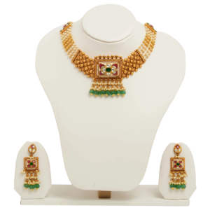 22K oro fino Kundan gargantilla collar conjunto con pendientes hechos a mano perla y piedra verde joyería nupcial - Product Image 3