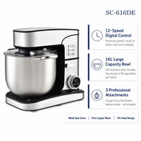 Batteur sur socle électrique professionnel, bol en acier inoxydable de 16 L, pétrit 5 kg de pâte, 2800 W, 12 vitesses, écran tactile LED, fonctionnement continu 24 h/24