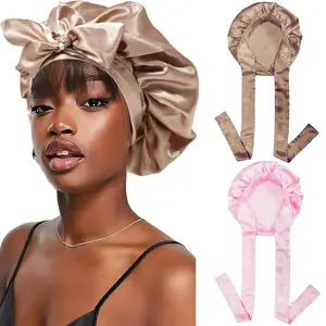 Hair Bonnets Custom Logo Pink Silk Satin Soft Long Braid Bonnets For Woman Sleeping
