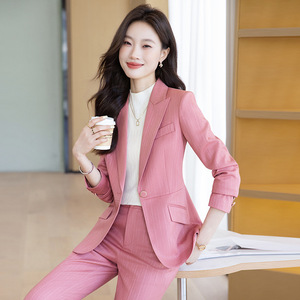 Striped Suit Set Women Three Quarter Sleeve Worsted Fabric Anti-Wrinkle Notched Collar Formal Autumn Wear - Product Image 1