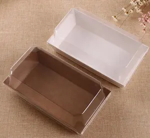 Plateau rectangulaire en papier Kraft, de qualité alimentaire, boîte à donuts pour Dessert avec couvercle en plastique Transparent, pièces