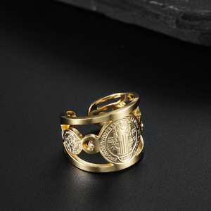Anillo Ajustable Abierto de Acero Inoxidable con Baño de Oro de 18K de <span class=keywords><strong>San</strong></span> <span class=keywords><strong>Benito</strong></span> Exorcista, Joyería Religiosa de Moda OAHLAN para Hombre - Product Image 3