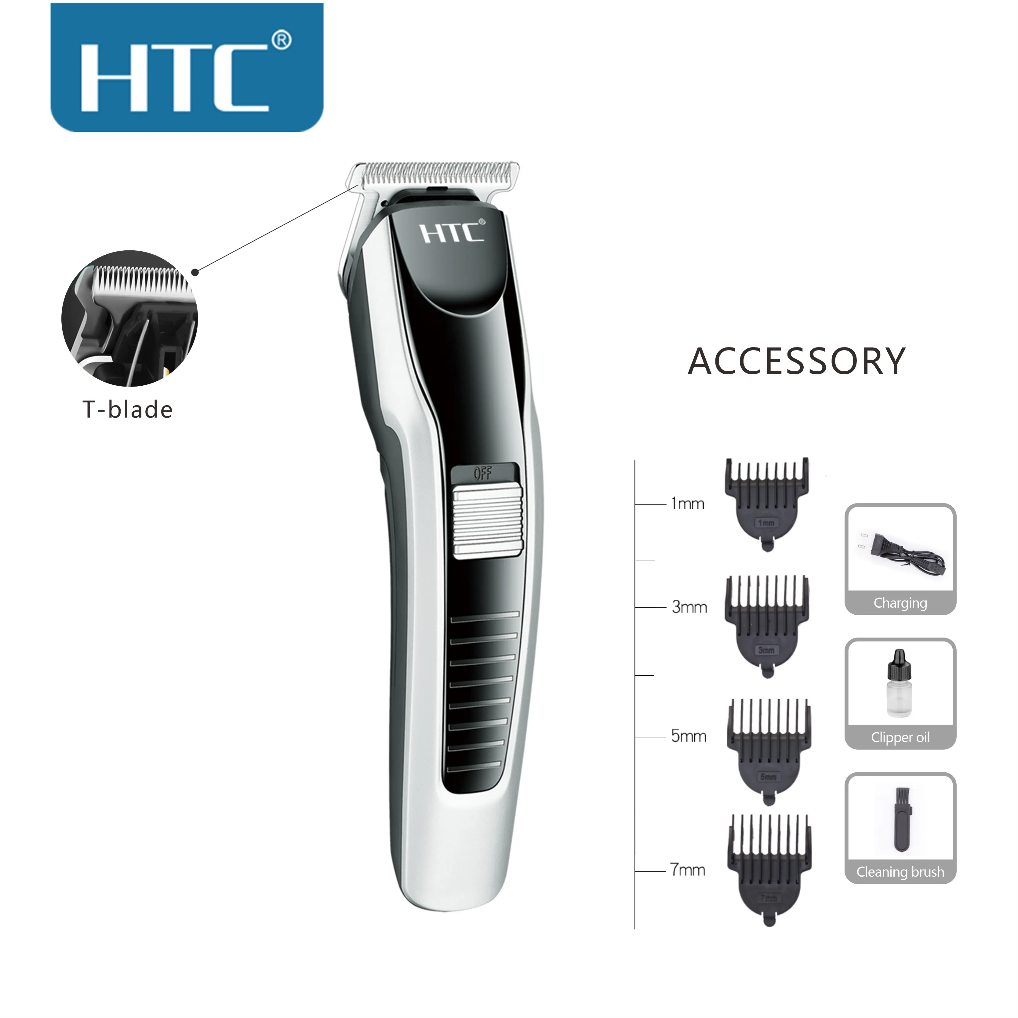 HTC AT-538 무선 충전식 전기 헤어 클리퍼 커터 T-블레이드 제로 커팅 헤어 트리머 온라인 뜨거운 판매