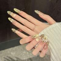 Faux ongles à presser faits main en amande, 10 pièces, ABS, rose nude brillant, motif léopard avec strass, ongles français noirs