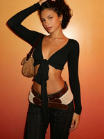 Crop top cardigan sexy moulant à manches longues et col en V, couleur unie, bordure en dentelle à volants, côtelé, en spandex, anti-boulochage, respirant, style Y2K