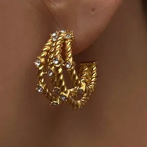 2024 Dazan New Ins 18k Gold Plated Stainless Steel Zircon Waterproof Tarnish Free Claw Design Three Layer Earrings For Women