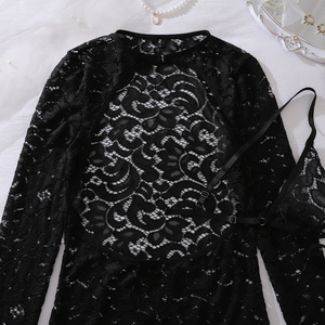 Fantezi seksi kadın iç çamaşırı Luring sutyen tanga 3 adet Set Hollow ön Mini elbise ile samimi See-Through kadın iç çamaşırı - Product Image 4