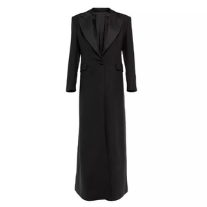 Giacca lunga nera personalizzata elegante da <span class=keywords><strong>donna</strong></span> con colletto in raso con un bottone Maxi cappotto elegante da <span class=keywords><strong>donna</strong></span> giacca invernale da <span class=keywords><strong>donna</strong></span> cappotto Abaya ODM - Product Image 1